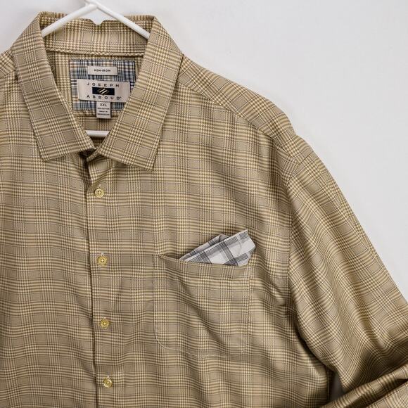 Men’s 2XL Non-Iron Button-Up Shirt Tan Plaid Business Casual Workwear | Joseph A - Picture 2 of 12